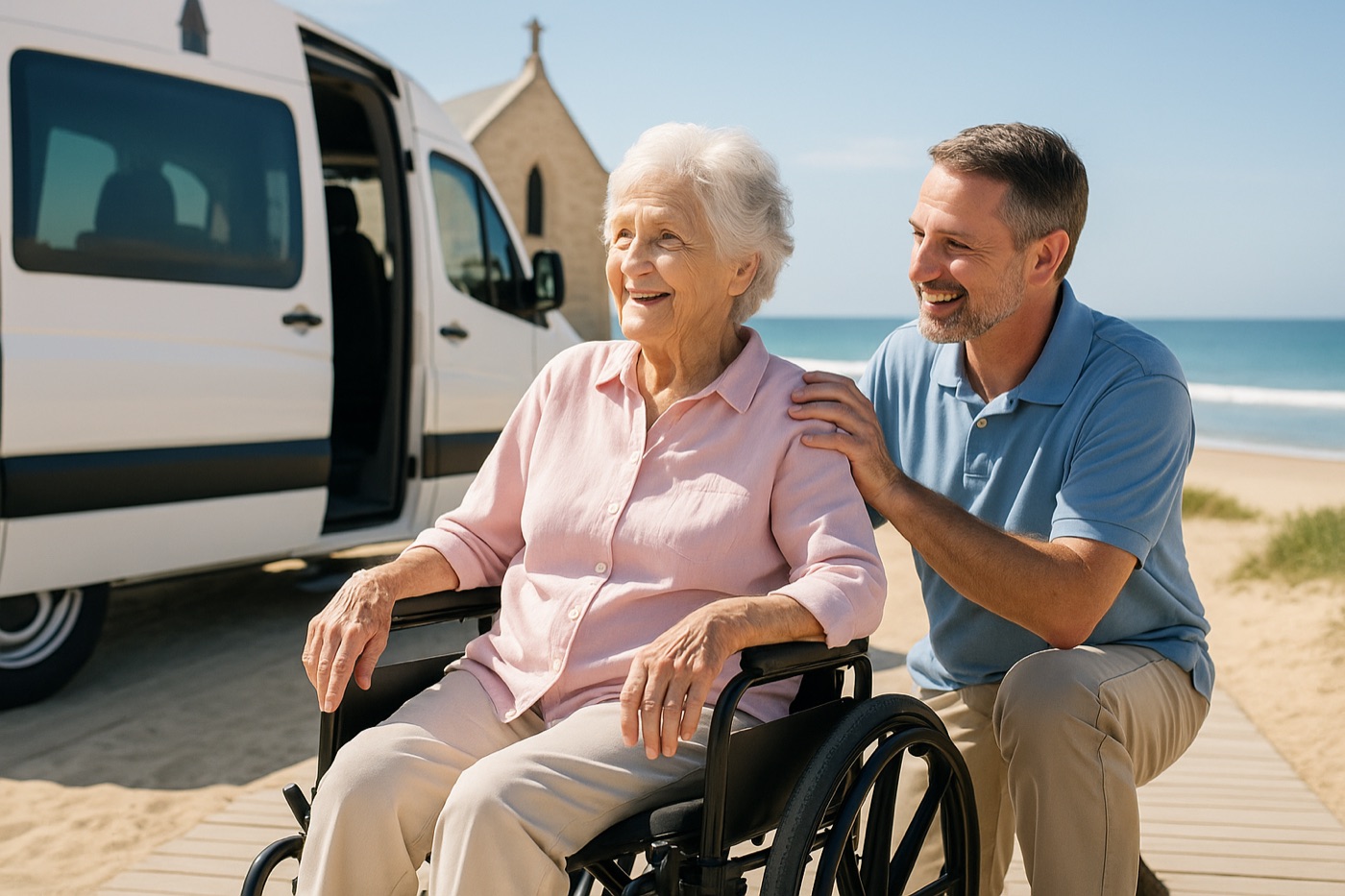 A caregiver assisting a senior passenger beside a transport van