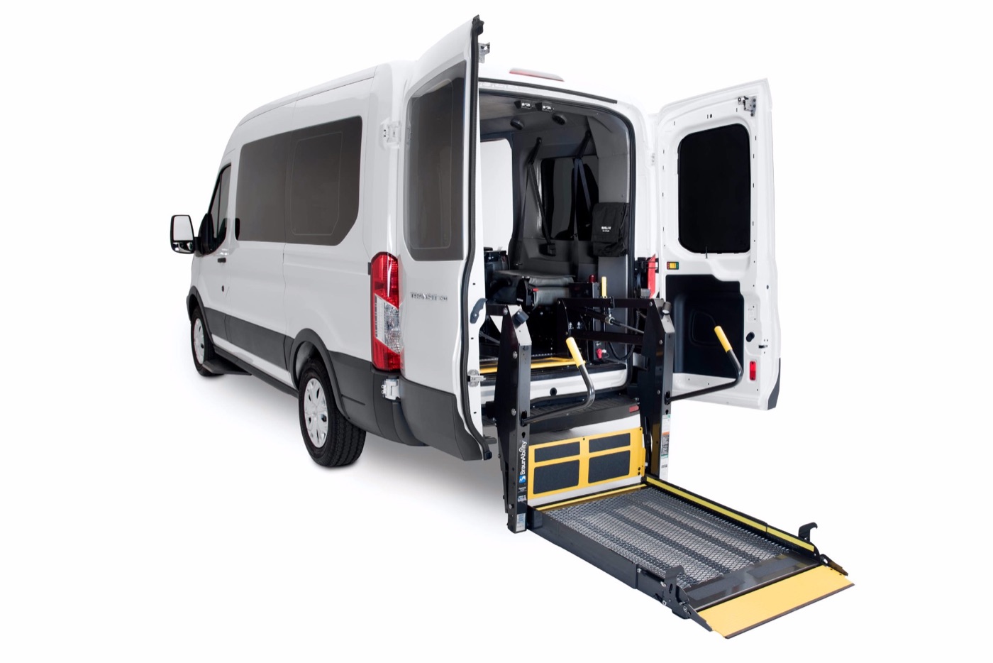 Wheelchair-accessible transport van with rear lift deployed